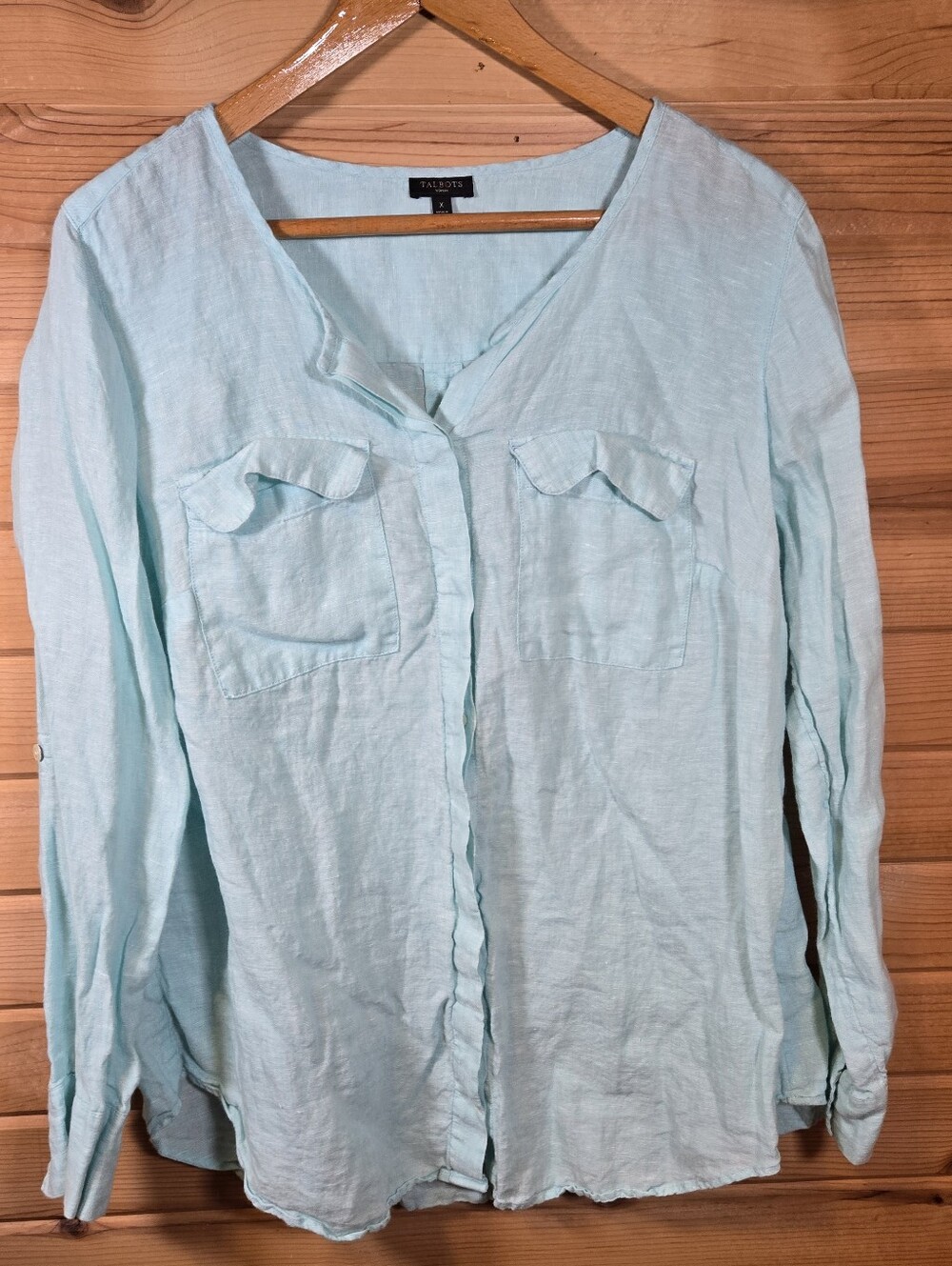 Talbots Linen Button Up Shirt Top Women's XL Aqua Roll Tab Sleeve Beach Coastal